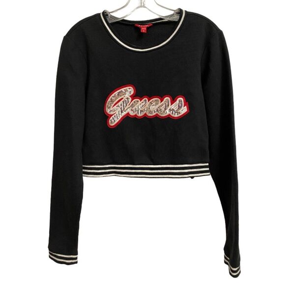 Guess Logo Pullover Sweater Size M Sequins Graphic Black Cropped Sweatshirt Y2K - Picture 1 of 15